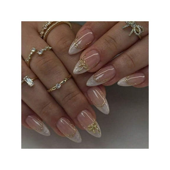 White French Tip Press On Nails Short Almond Fake Nails With Nails Light Pink Full Cover Nails Press Ons Glossy False Nails Artificial Stick On Nails For Women