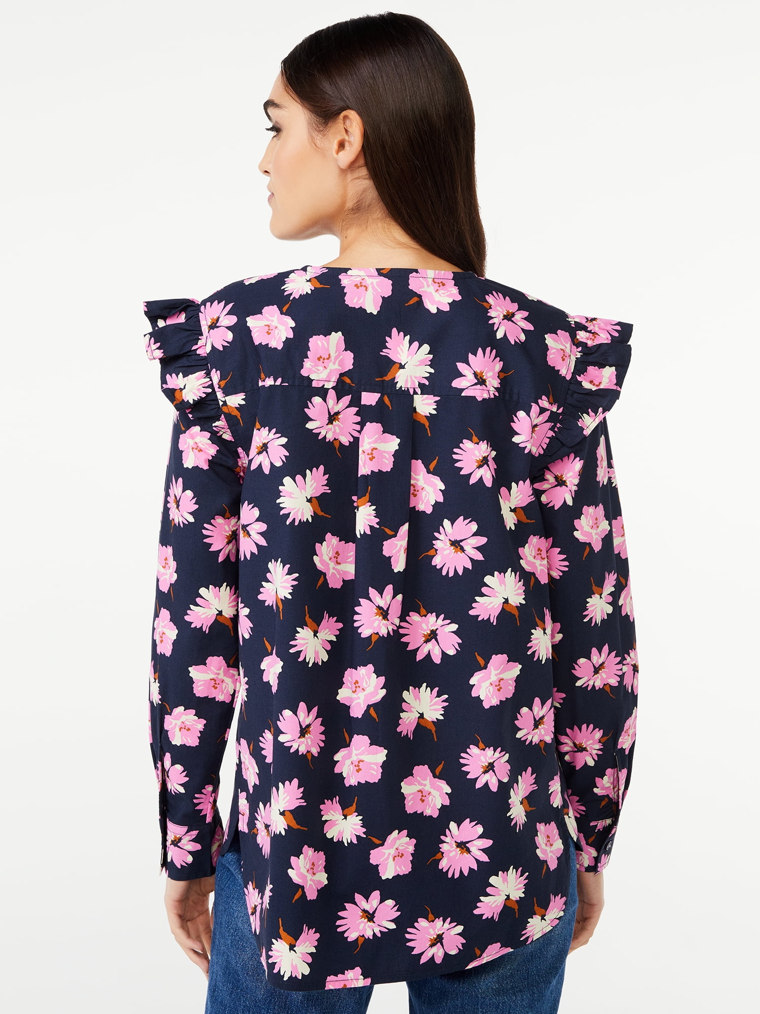 Free Assembly Women's Button Shoulder Blouse with Long Sleeves