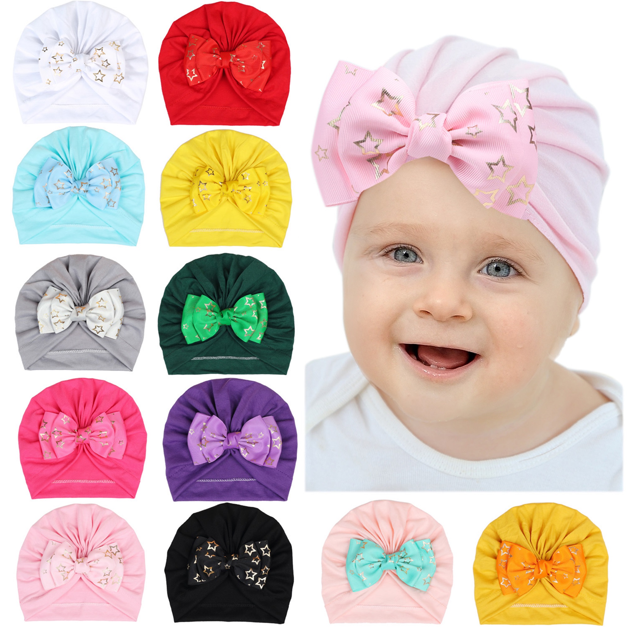 12 Colors Infant Baby Girls Boys Soft Stretchy Turban Hats with Knotted Big Bow Caps Beanies