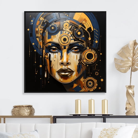 Designart "Expressive Tribes African Woman in Black and Gold III" Fashion Framed Wall Art - Glam Black Woman Bedroom Framed Canvas Wall Art