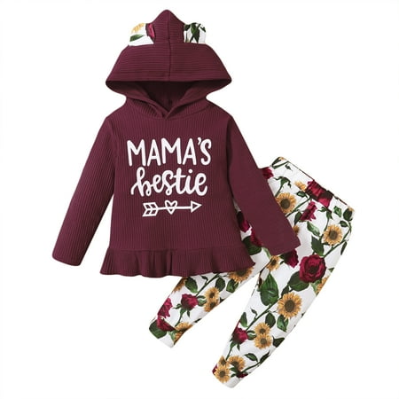 

KIMI BEAR Pants Outfits For Toddler Baby Girls 3T Girls Fall Winter Clothing Set Letter Print Floral Hooded Long Sleeve Hoodie Pants 2PCs Set 3-4 Years Burgundy