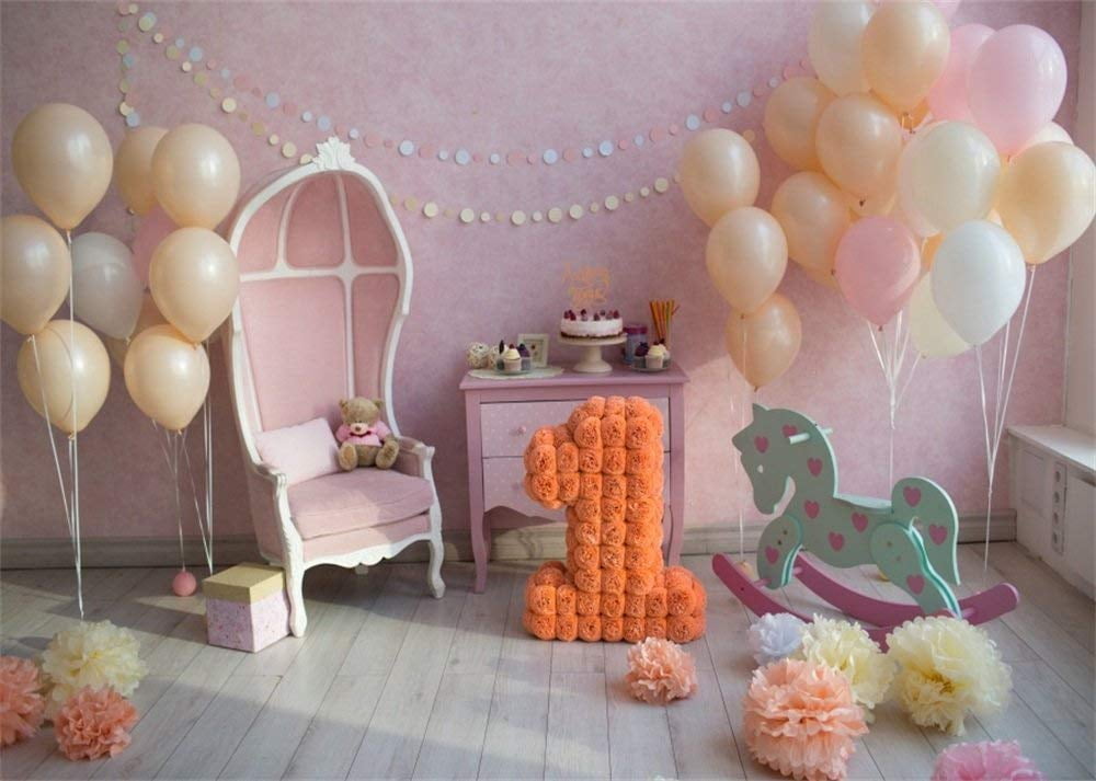 5x7ft Happy Birthday Background Pink Room Wall Interior Hanging Balls Cake Smash Backdrop Girl with Wooden Floor Photo Studio Props Washable Polyester Materials Wallpaper