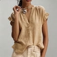 thumbnail image 6 of LEKODE Cotton Linen Tops for Women Lace Top Peasant Blouses Oversized T-shirts Cute Shirts Lightweight Linen Blouses V Neck Roll Up Sleeve Blouses Stylish Tops for Women Khaki M, 6 of 7