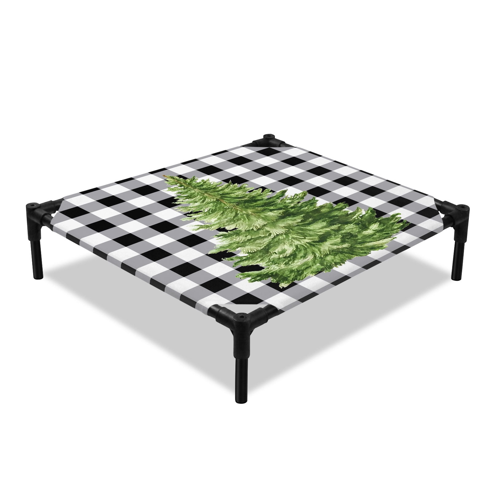 Christmas Tree Elevated Dog Bed Winter Black And White Plaid Xmas Cooling Breathable Outdoor Raised Dog Cot Bed with Metal Frame Non-Slip Feet for Small Dog 20x20in