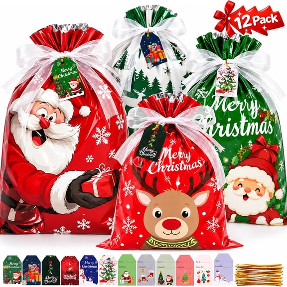 Christmas Drawstring Gift Bags Set of 12, 4 Sizes with Tags & Gold Twist Ties, Reusable Plastic Christmas Bags for Gifts Wrapping for Christmas Decor,Multicolor