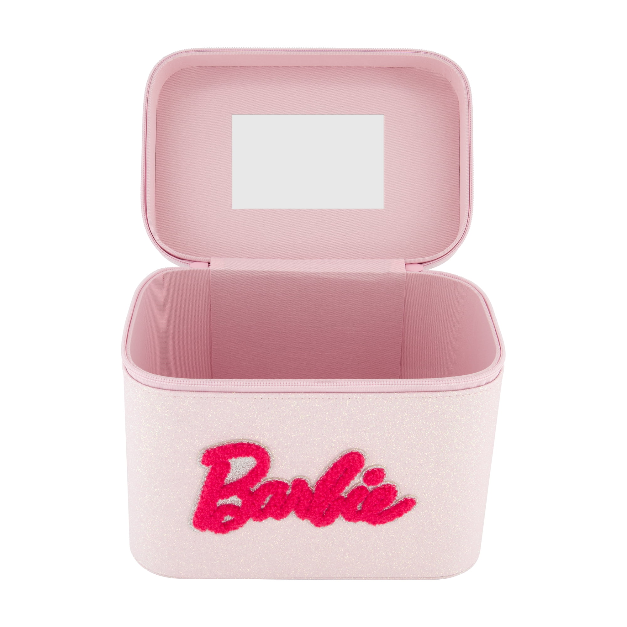 Barbie Travel Makeup Bag, Trapezoid Cosmetic Organizer Pouch for Women, Pink Glitter
