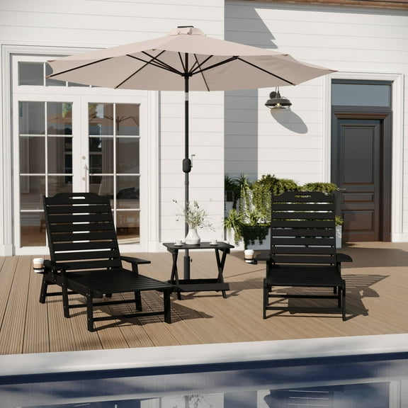Merrick Lane 3-Piece Adirondack Chairs/Table Set for Indoor/Outdoor Use with 2 Adjustable Lounge Chairs with Cup Holders and Folding Side Table in Black