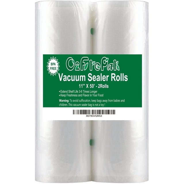 O2frepak Lot de 2 (Total 100 Pieds) 11x50 Rouleaux de Sacs de Scellage sous Vide pour Aliments, Rouleaux de Sacs de Stockage sous Vide pour Aliments, à Découper, Idéal pour sous Vide