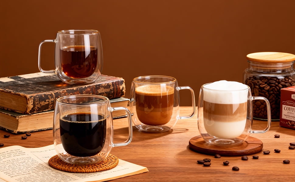 Double Walled Glass Coffee Mugs,14oz,Large Espresso Cups with Handle,Set of 4 Clear Glasses ,Tea Latte Cappuccino Mug ,Glassware