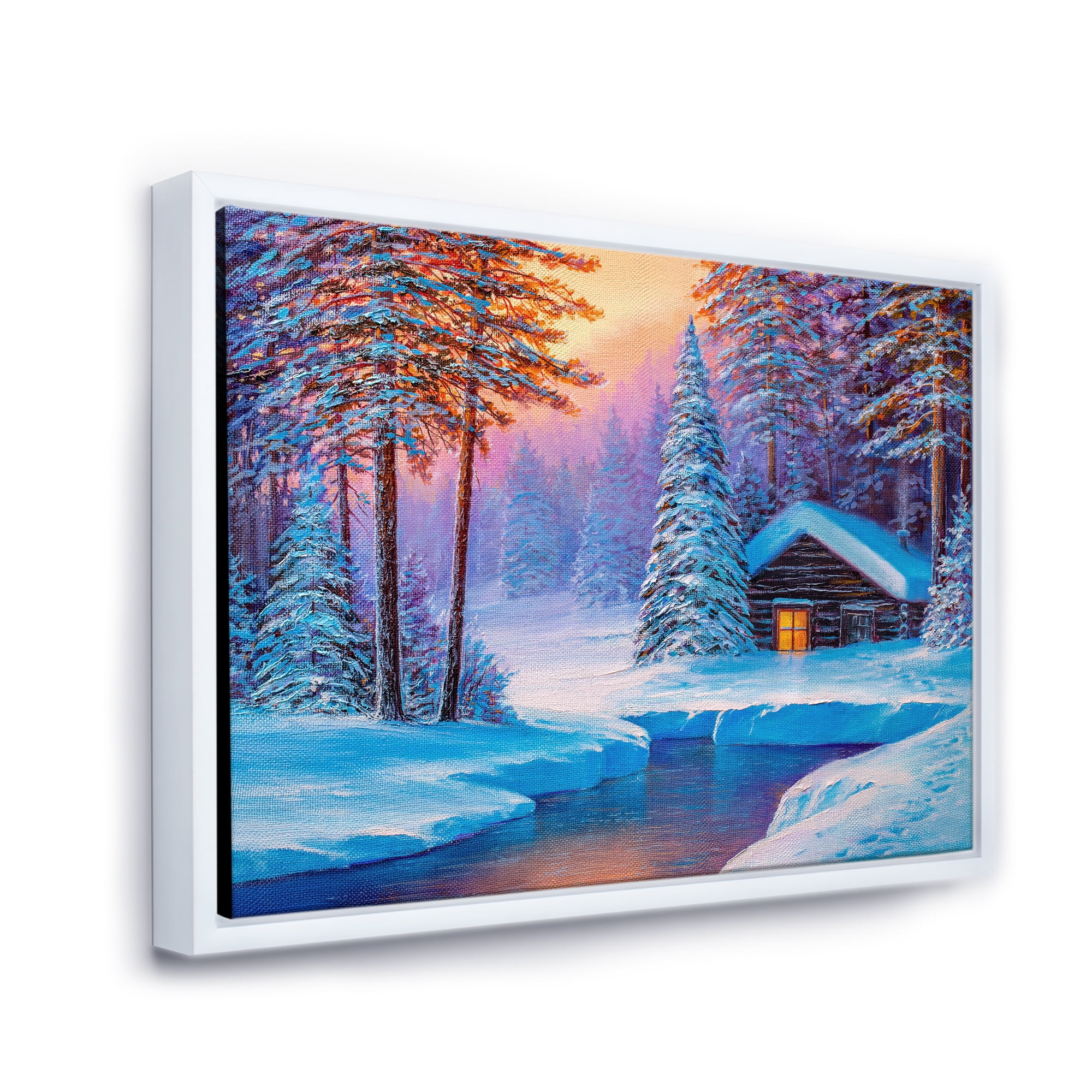 Designart 'Old Cabin In Winter Forest In Evening Glow I' Traditional Framed Canvas Wall Art Print
