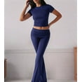 thumbnail image 5 of Women'S 2 Piece Outfits Lounge Sets Ruched Short Sleeve Tops High Waisted Wide Leg Pants Tracksuit Sets Navy Blue XXS, 5 of 9