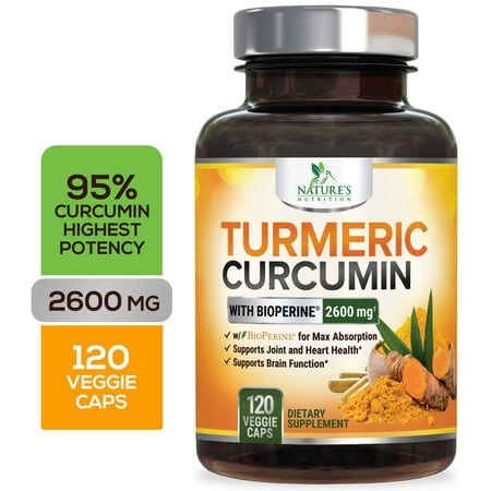 Turmeric Curcumin Highest Potency 95% Curcuminoids 2600mg with Bioperine Black Pepper for Best Absorption, Made in USA, Best Vegan Joint Pain Relief, Nature's Nutrition Turmeric Pills - 120