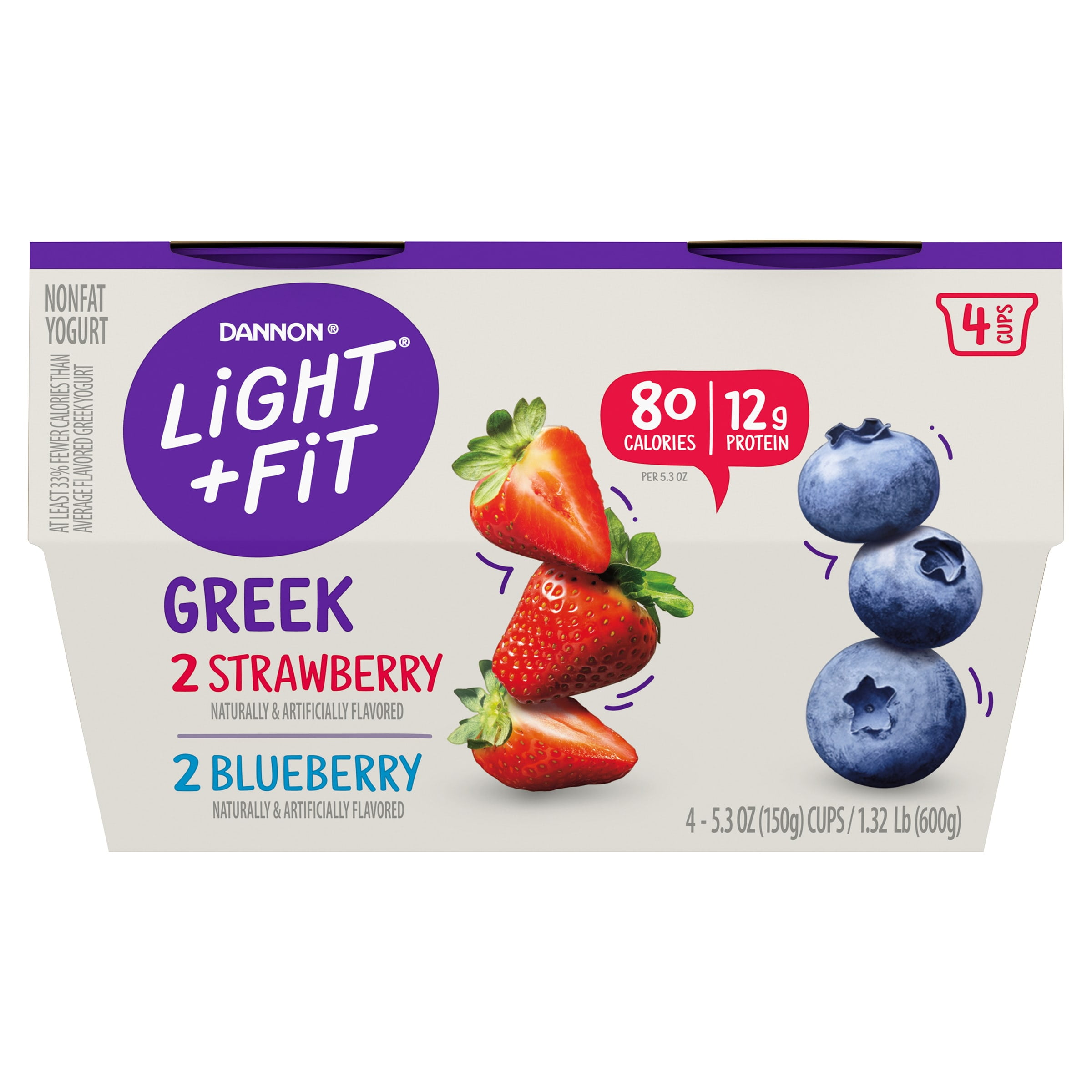 Light + Fit Strawberry/Blueberry Variety Pack Greek Yogurt, 5.3 Oz. Cups, 4 Count
