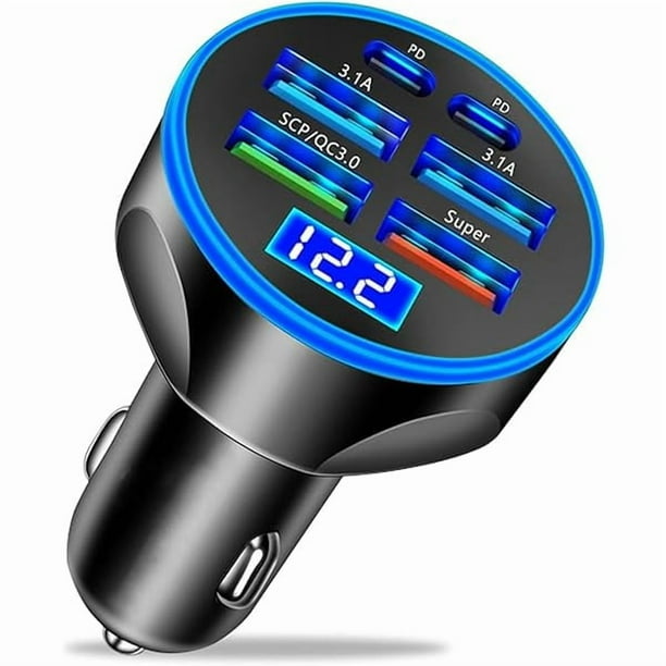 Chenchen Super Fast Charge USB C Car Phone Charger Adapter 6 in 1 with Voltage Display 250W Multi Port Cigarette Lighter USB Charge for iPhone 16 15 14 13 12 11 Samsung Galaxy Huawei Oneplus Oppo Vivo