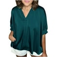thumbnail image 1 of Timegard Oversized Tops for Women Satin V-Neck Short Sleeve Solid Color Work Casual Loose Tops Blouse, 1 of 6