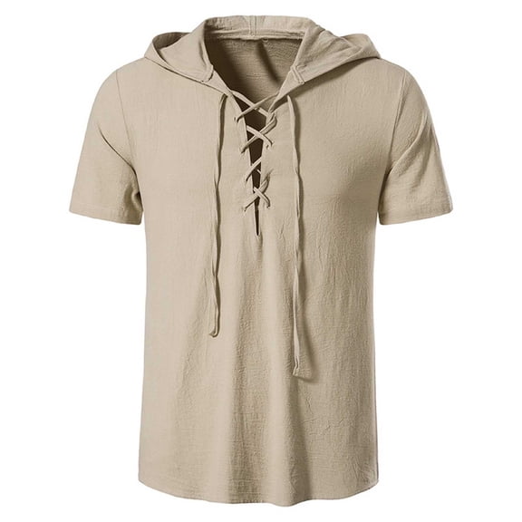 WREESH Men's Cotton Linen Lightweight Hoodies Lace-Up Hooded Short Sleeve T-Shirts Khaki