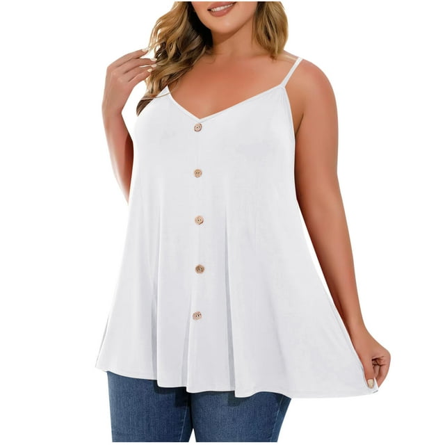 Camisoles Fluides pour Femmes Grande Taille d'Été à Boutons à Bretelles Spaghetti Débardeurs Amples Tendance Sans Manches Blanc, 2TG
