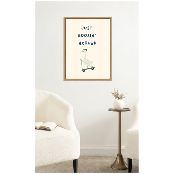 Kate and Laurel Framed Canvas Wall Art Print Just Goosin Around by Laura Moss, 18 x 24 Sylvie Natural Frame, Whimsical, Humor Art for Wall Decor