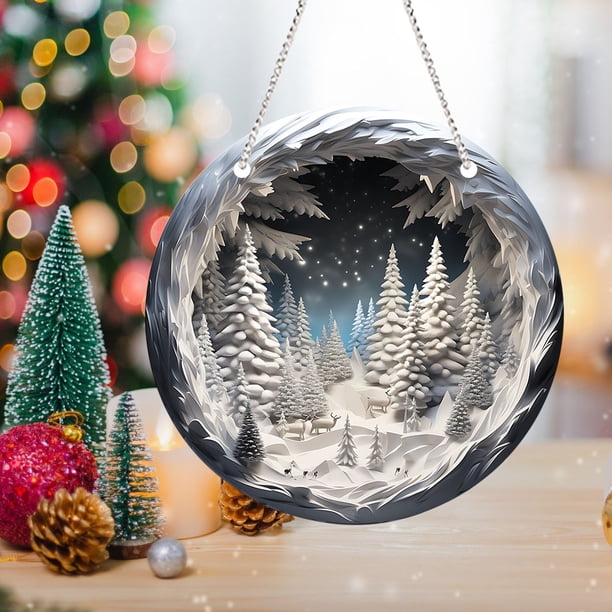 Adorno navideño redondo de acrílico | Letrero colgante navideño de reno | Decoración festiva para el hogar, la oficina o fiestas | Colgante circular de 20 cm para árbol o repisa de la chimenea