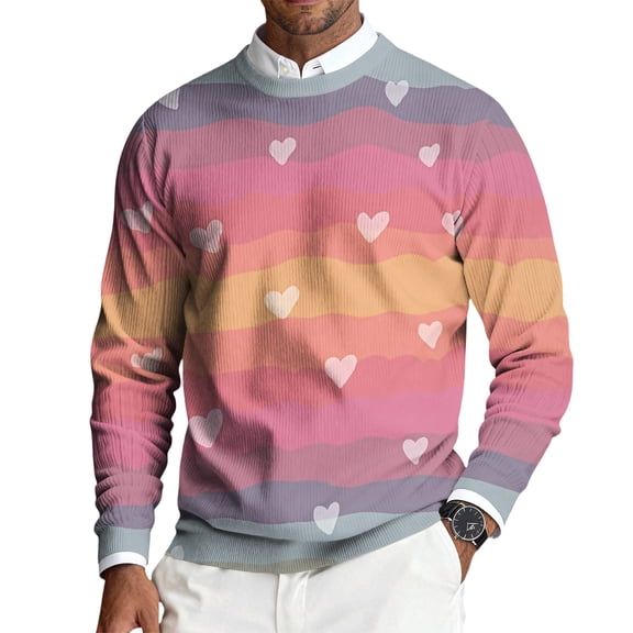 Fgvctg Mens Valentine's Day Sweater Ribbed Knit Crewneck Sweater Love Heart Print Romantic Pullover Slim Fit Long Sleeve Sweaters Loose Spring Clothes Red L