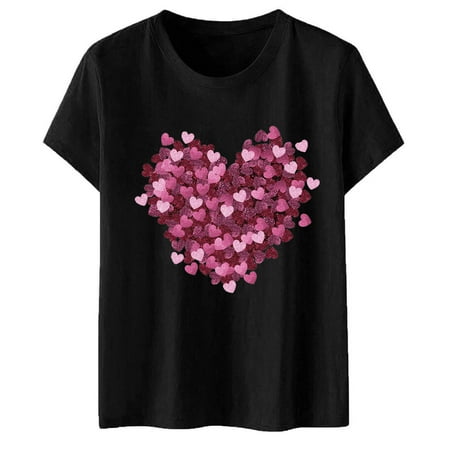 ZHOUCHANKIDS Women s Valentine Graphic Tee Short Sleeve Heart Print Blouse Casual Comfortable T-Shirt Top for Her Black L