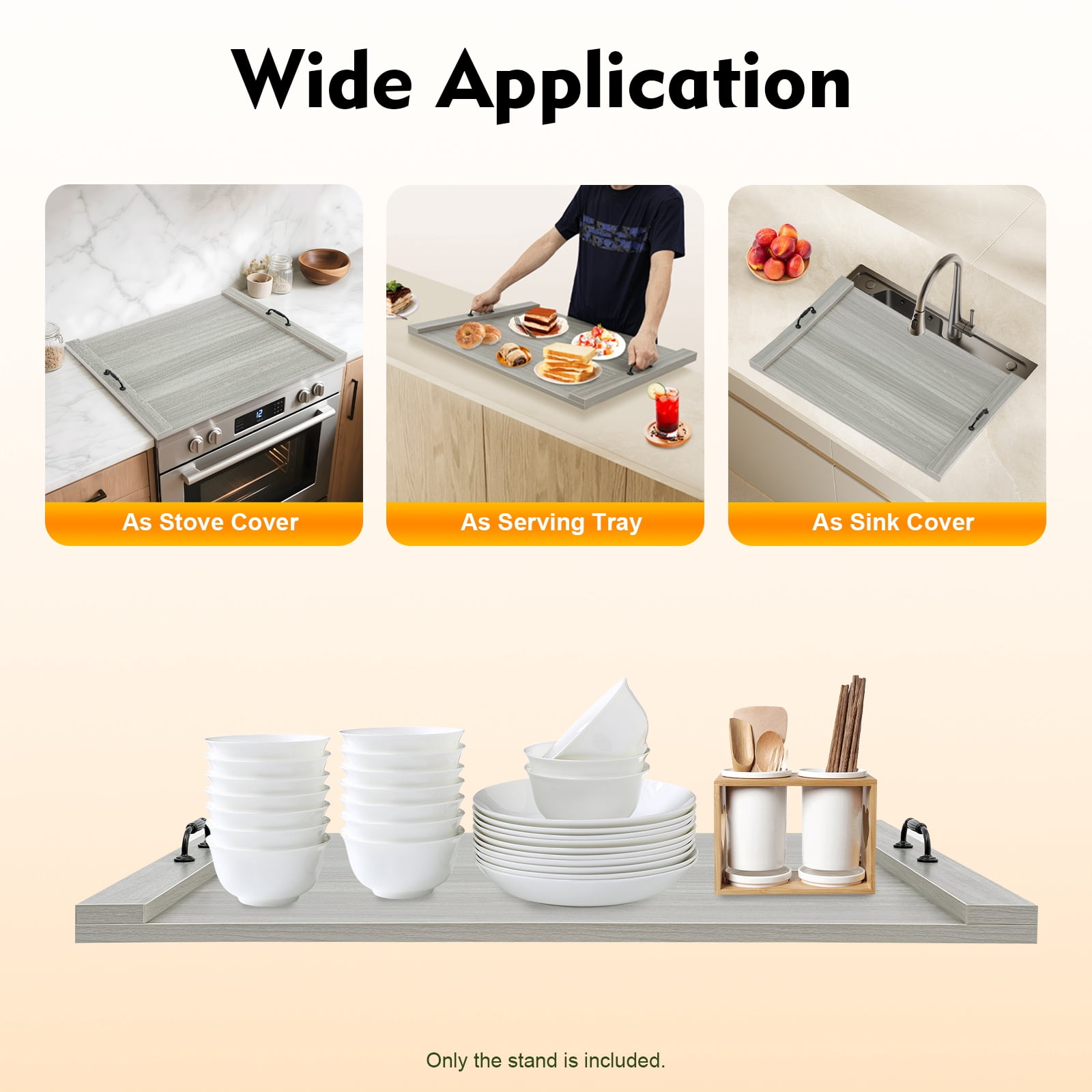 Stove Top Cover for Gas & Electric Stoves, 30"x22" Wood Noodle Board with Handles, Grey Melamine Countertop Extender for Kitchen Sink, RV, Apartment, Cutting Board Serving Tray