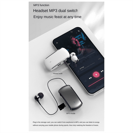 K68 Bluetooth Headset Lavalier Retractable Plug-In Card Single Earphone Multifunctional Clip Headset MP3 Player Black