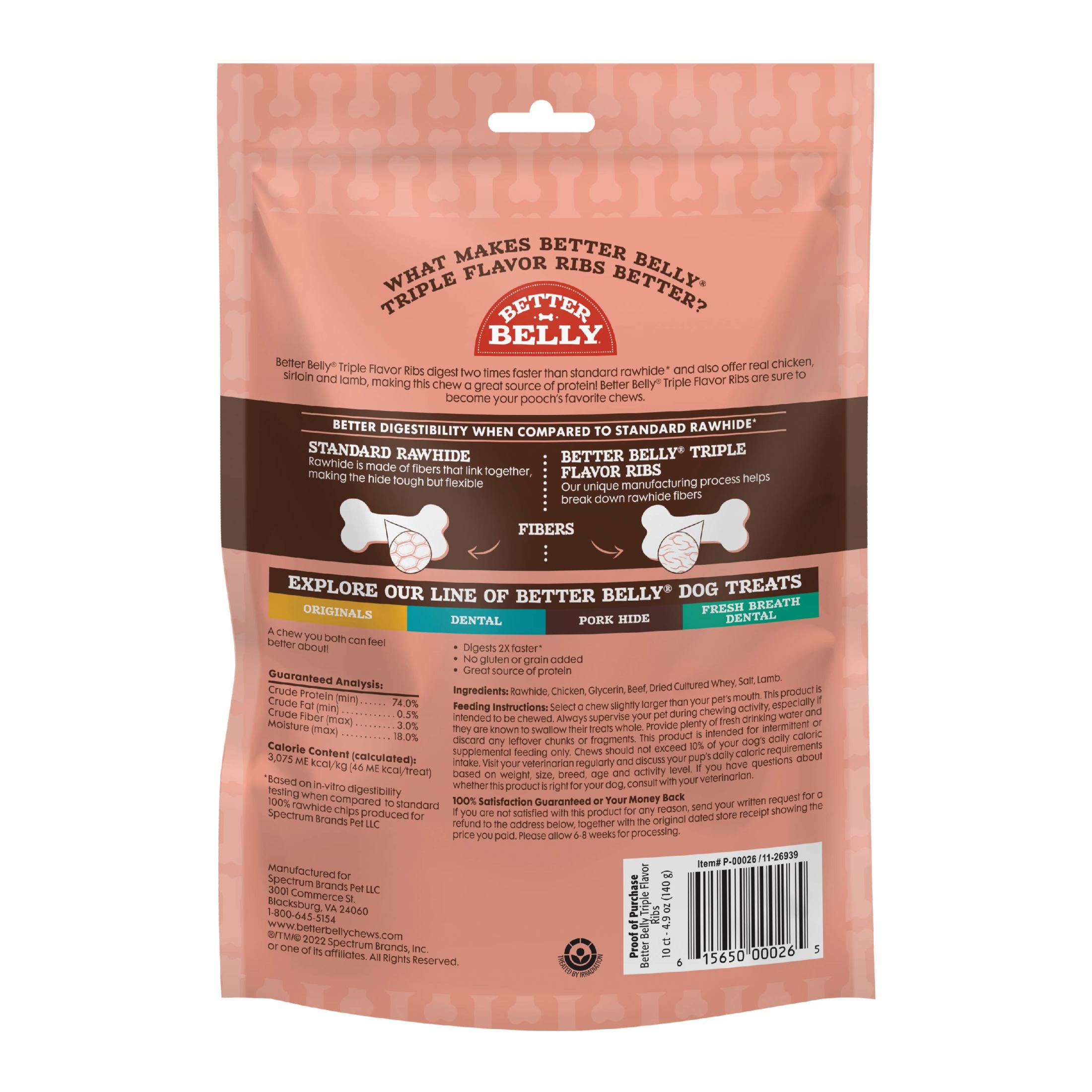 Better Belly Triple Flavor Ribs with Chicken, Sirloin & Lamb, Highly Digestible Dog Treat, 10 Count