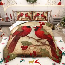 Homewish Cartoon Red Bird Full Size Comforter Sets for Kids, Christmas Leaf Plant Bedding Comforter Set, Vintage Western Festival Reversible Bedding Sets, Super Cozy Room Decor, 3-Piece