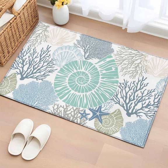 2x3 Ft Entryway Area Rug, Coastal Kitchen Rug Runner Washable Floor Mat, Blue Starfish Teal Green Conch Ocean Coral Non Slip Indoor Door Mat Throw Carpet for Bathroom Living Room Bedroom