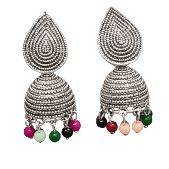 Traditional Silver Plated Teardrop Jhumka Earrings with Colorful Beads, Ethnic Indian Jewelry for Women Wedding Party Festive Wear