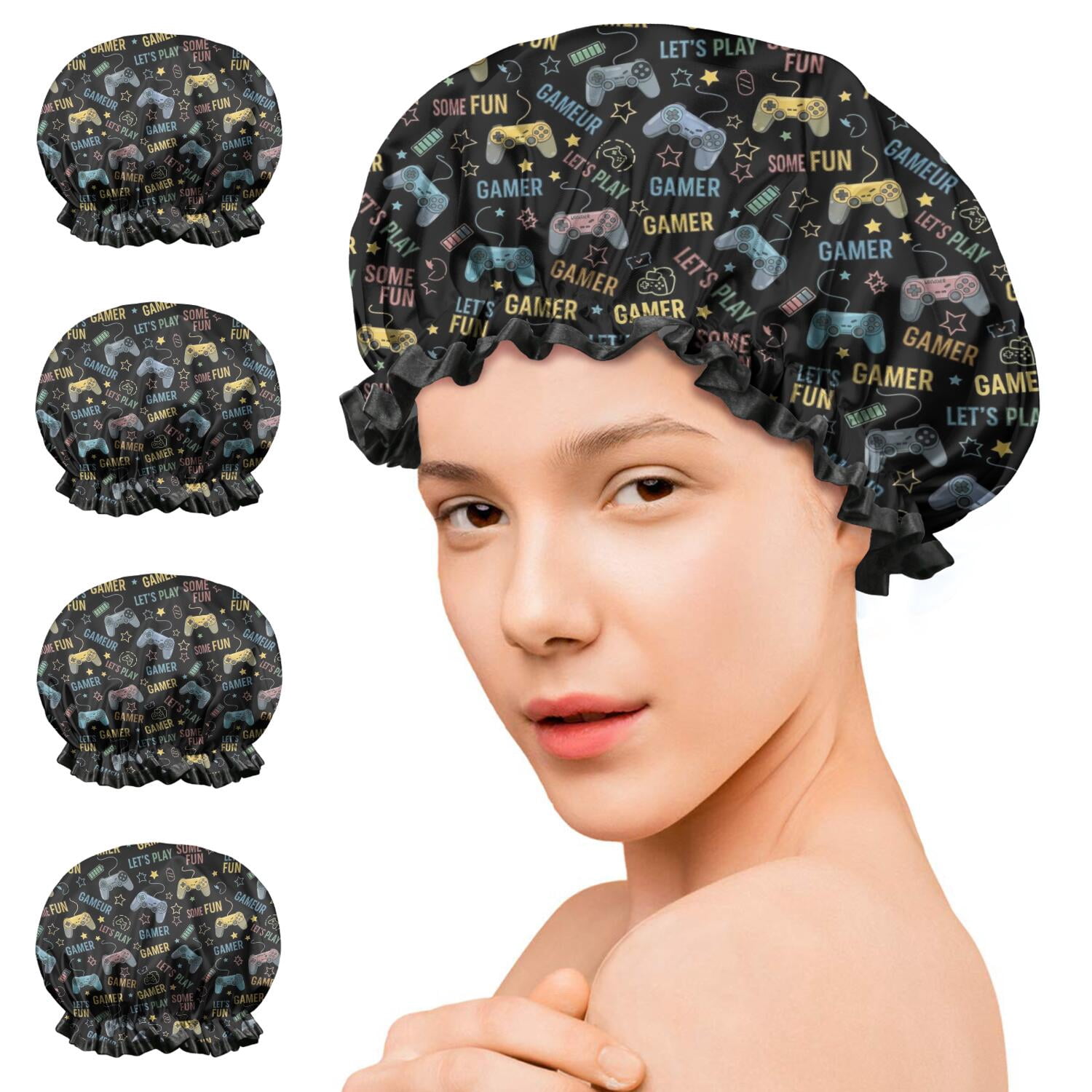 Shower Caps,Colorful Games Word Black Pattern Waterproof Shower Cap for Women 4 Pieces,Double Reusable Hair Cover for Shower PEVA Elastic Stretch Hem