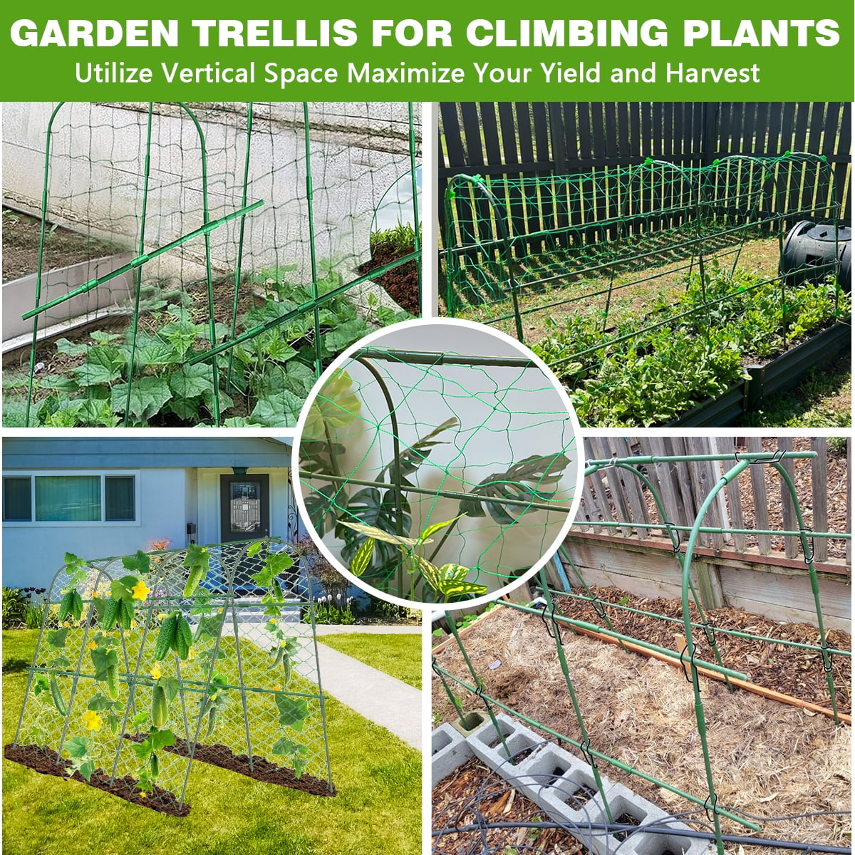 ROMUCHE 63"x48" Cucumber Trellis,Garden Arch Trellis for Climbing Plants Steel Plant Support Trellis for Flower Vine Grape Vegetable Plant Climbing Trellis for Melon Tomato Bean w/Netting