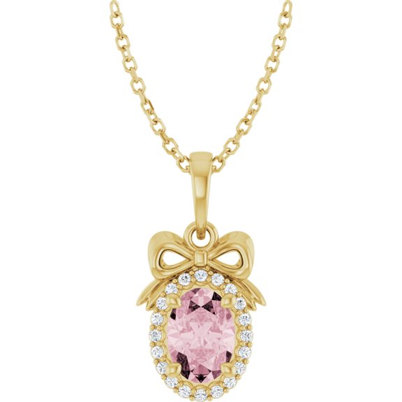 Dimaya Fine Jewelry 14K Yellow Gold Natural Pink Morganite & .08 CTW Natural Diamond Bow 16-18" Necklace