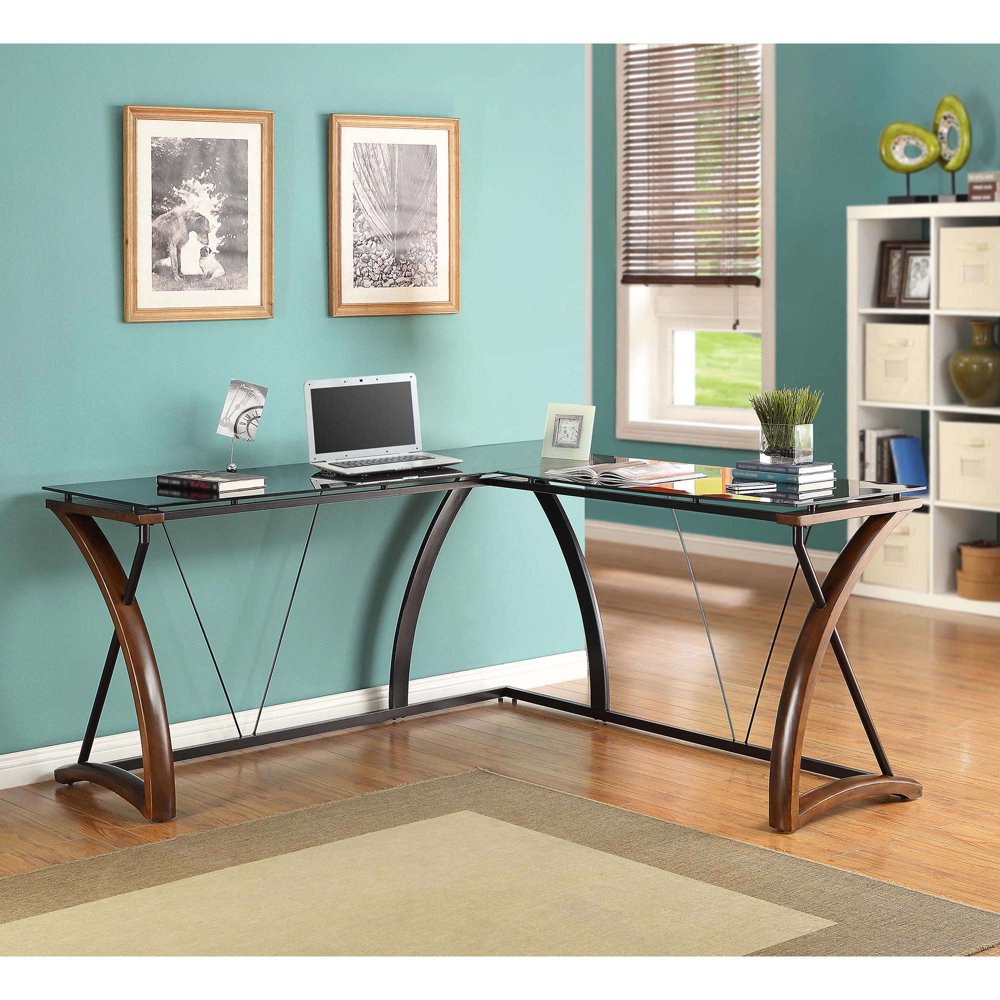 Whalen Newport Wood & Glass LShaped Desk, Black Glass Desktop