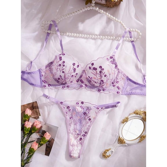 Purple Women’s Lingerie Set Sheer Floral Embroidery