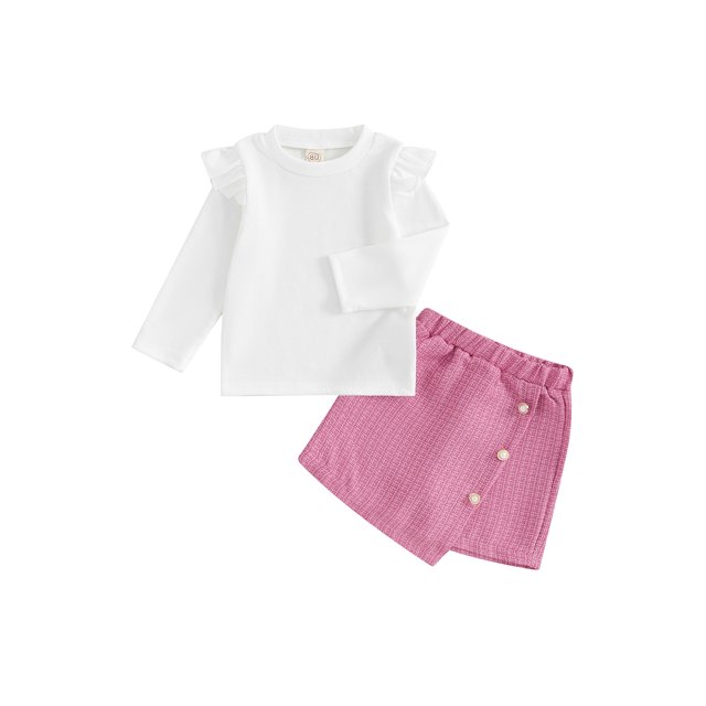 Gupgi Kids Girl Solid Color Crew Neck Long Sleeve Ribbed Tops Pearl Button Pantskirts, 2Pcs Clothes Set