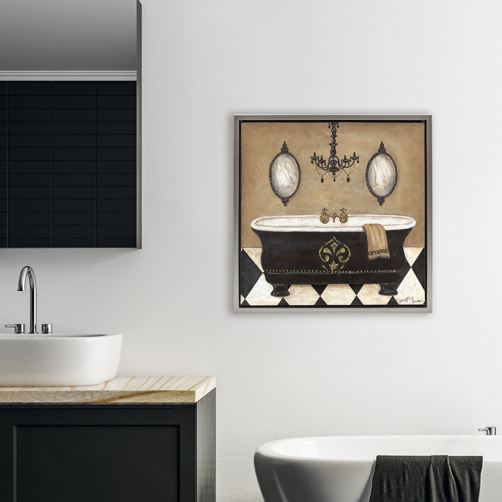 Stupell Industries Elegant Bathtub & Chandelier Gray Framed Floater Canvas Wall Art, design by Janet Tava