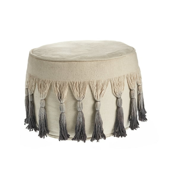 LR Home Small Tassels Ombre Indoor Round Pouf, Natural/Grey, 20" x 20" x 14"