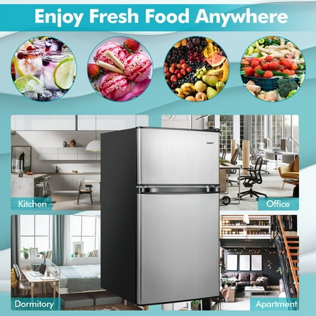 Costway - 3.2 Cu.Ft Mini Refrigerator with  Freezer Compact Fridge with  2 Reversible Door - Black / Silver