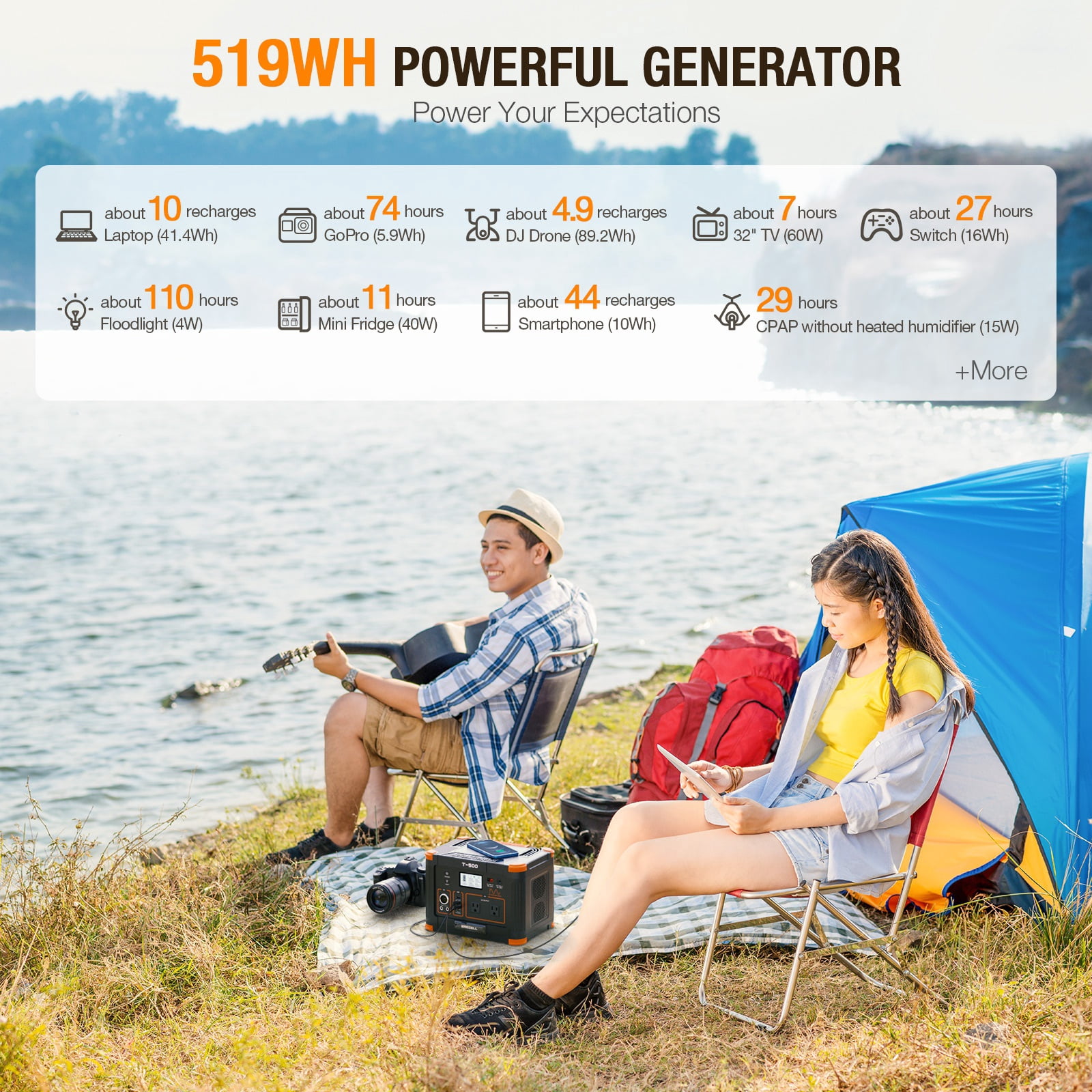 Portable Solar Power Station 500W(Peak 1000W), 519Wh 10-Port Generator Backup Battery Pack, for RV/Van Camping Fishing Climbing Road Trip Home Emergency