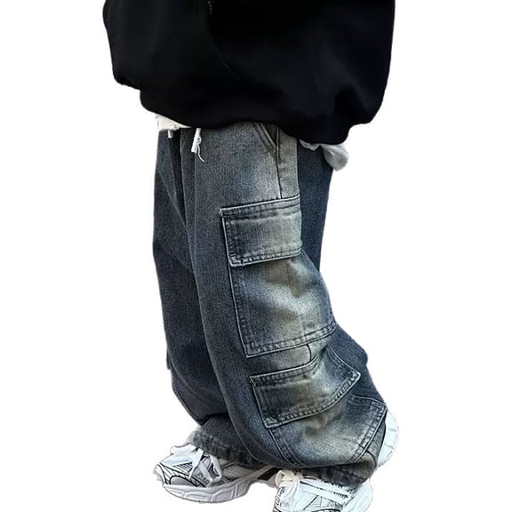 MDUKONU Boys Baggy Cargo Jeans Wide Leg Skater Pants, Soft Denim, Elastic Waist, Cargo Pockets, Loose Fit Streetwear Size: 5-6 Years Blue
