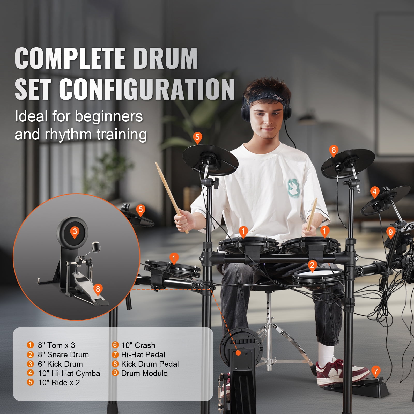 KFFKFF Electronic Drum Set, Collection of 32 Drum Kits & 480 Unique Sounds, 8 in Silent Mesh Snare, USB MIDI Compatible, Comes with 10 in Cymbals, Drum Sticks & Headphones