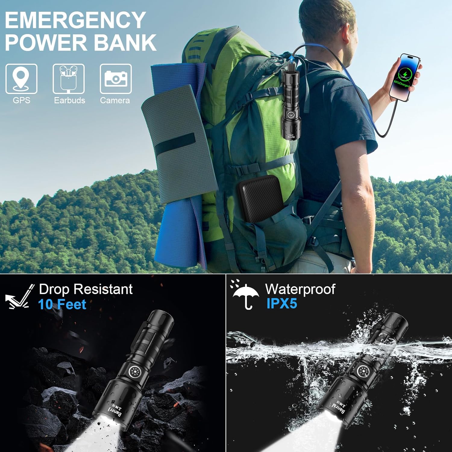 2 Pack Outdoor Camping Rechargeable Flashlights,High Lumens LED Waterproof Flash Light with Memory Function  for Camping,Emergency