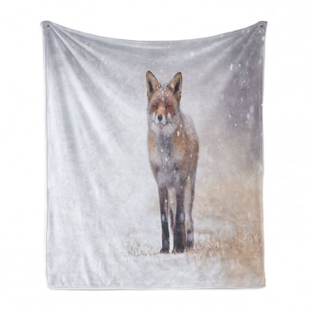 Fox Soft Flannel Fleece Throw Blanket, Red Fox in Rural Environment Field Covered with Snow Stormy Freezing Weather Image, Cozy Plush for Indoor and Outdoor Use, 50" x 70", Brown White, by Ambesonne