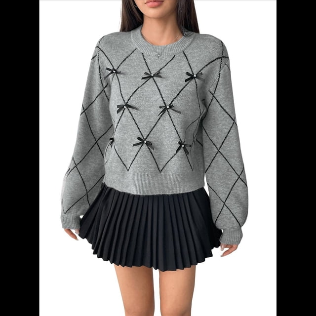 Suéter para Mujer, de Larga y Cuello Redondo, Estilo Vintage Y2K. Gris L
