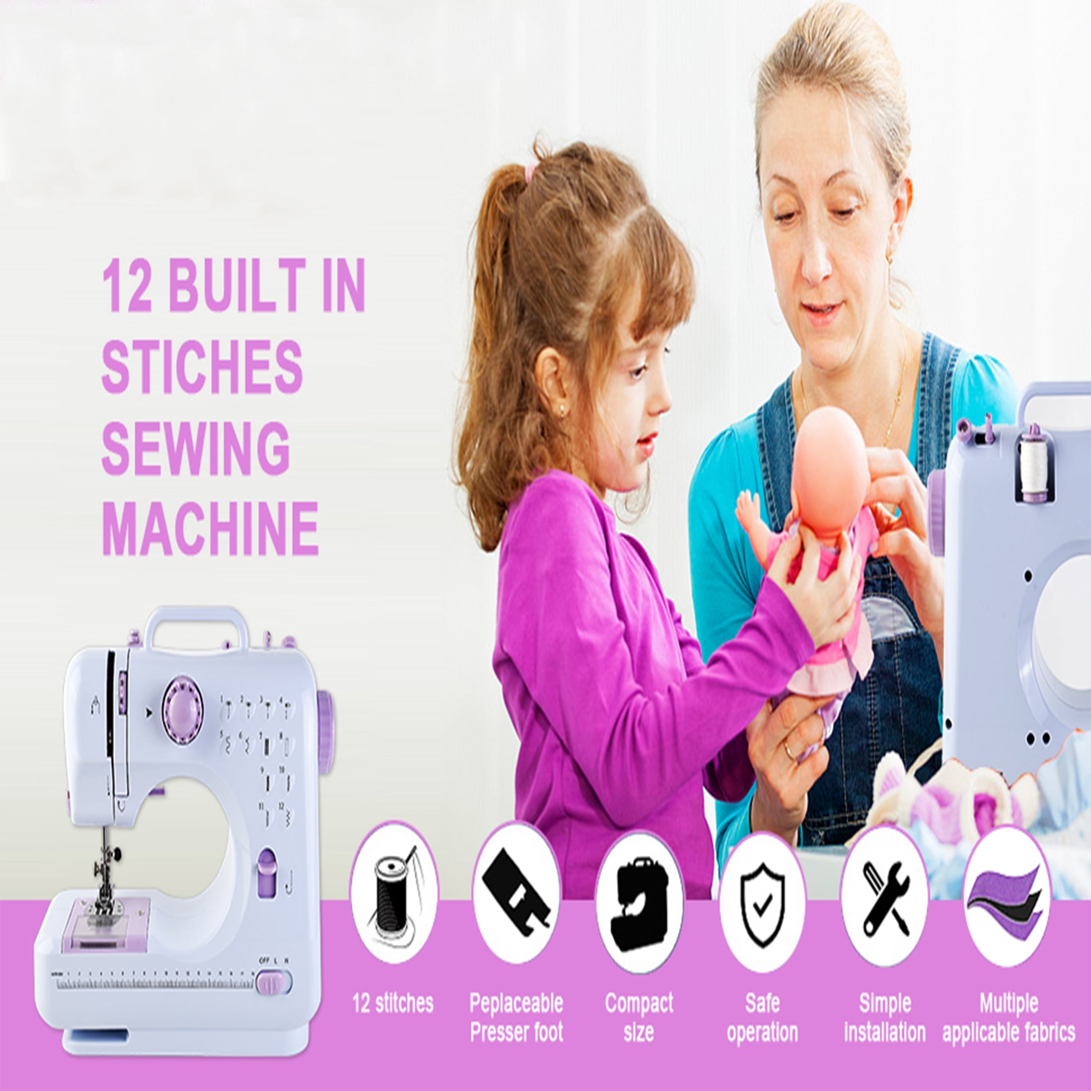 12 Stitches Mini Sewing Machine Portable Multifunctional Household Sewing Machines for Adults and Kids Beginners