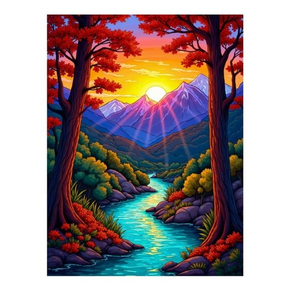 Diamond Art Kit for Adults, Sunset Mountain River Scene Diamond Painting for Adults Beginners, 5D DIY Diamond Art Painting Kits, Colorful Diamond Painting Craft for Home Decor 12x16