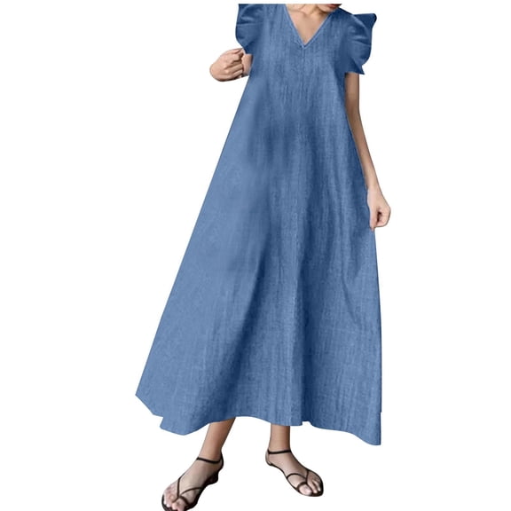 POIUYTR Women's Summer Denim Long Dress Ruffle Sleeveless V-Neck Jean Maxi Dress Casual Loose Fit Beach Vacation Sundress for Women 2024
