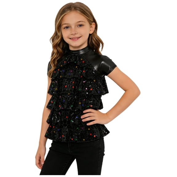 inlzdz Kids Girls Short Sleeve Metallic Mesh Tiered Sequined T-shirt Sparkly Club Party Dance Performance Wear Black 14